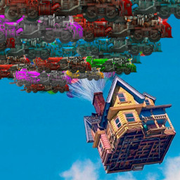 Image of the house from the movie 'Up!' being lifted by a bunch of Factorio locomotives