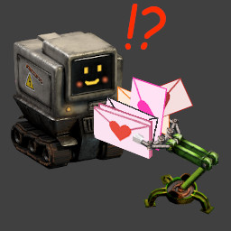 Image of Compilatron being handed a love letter by an inserter