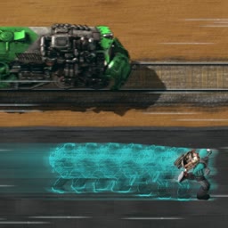 A speeding train being overtaken by the Factorio engineer at warp speed