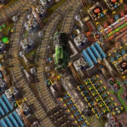 A screenshot of the Factorio world that is rotated by 20 degrees