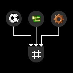 A graph showing the Factorio logo, a circuit board, and a football