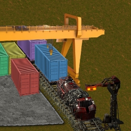 A Factorio train pulling a few containers along